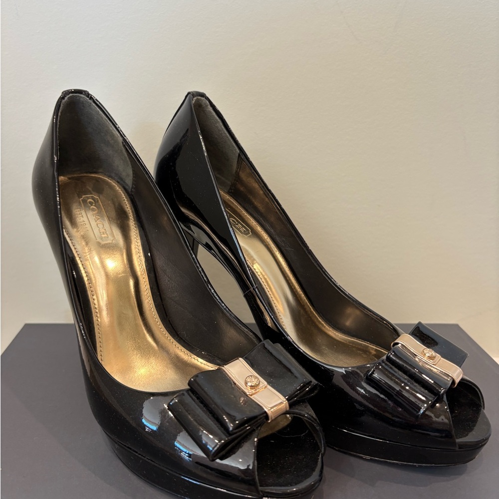 Coach Black Peep-Toe Heels with Gold Bow